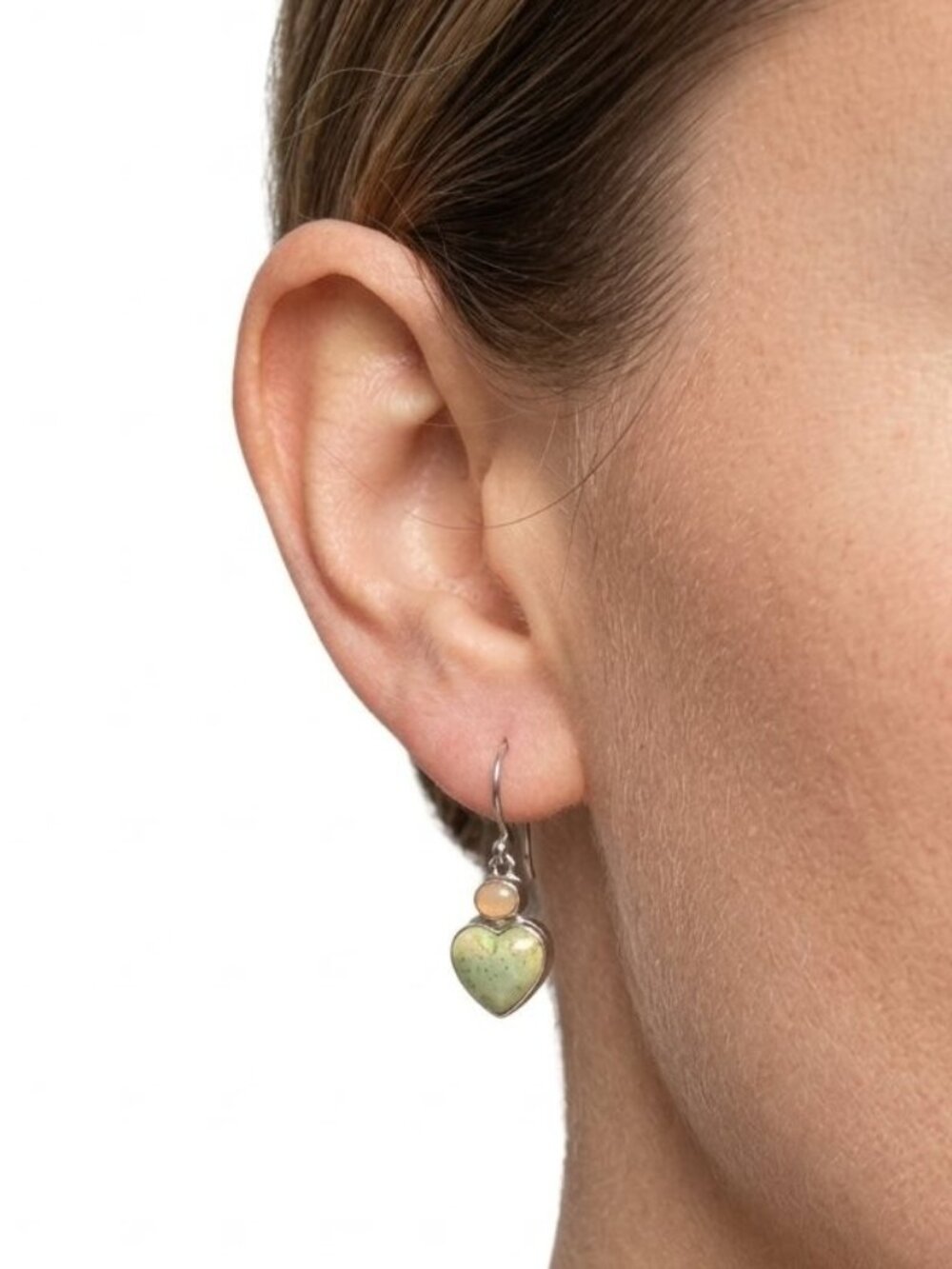 Vintage Sterling Silver Green Aventurine Heart Drop Earrings Peach Moonstone